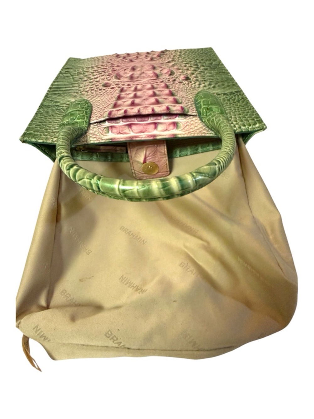 Brahmin Green & Pink Croc-Embossed Leather Tote & Wallet With Registration Card - Picture 9 of 15
